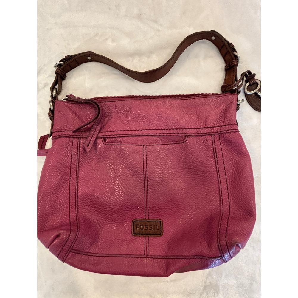 Fossil Magenta Pink Pebbled Leather Hobo Shoulder Bag Brown Trim Key Charm